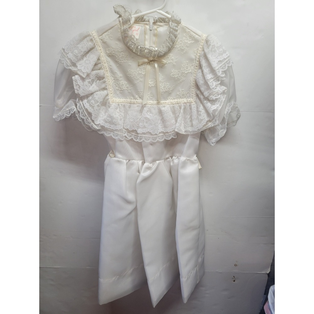 Vtg Merry Girl Party Dress Lace Trim Ruffles White Size 12 Kids Special Occasion